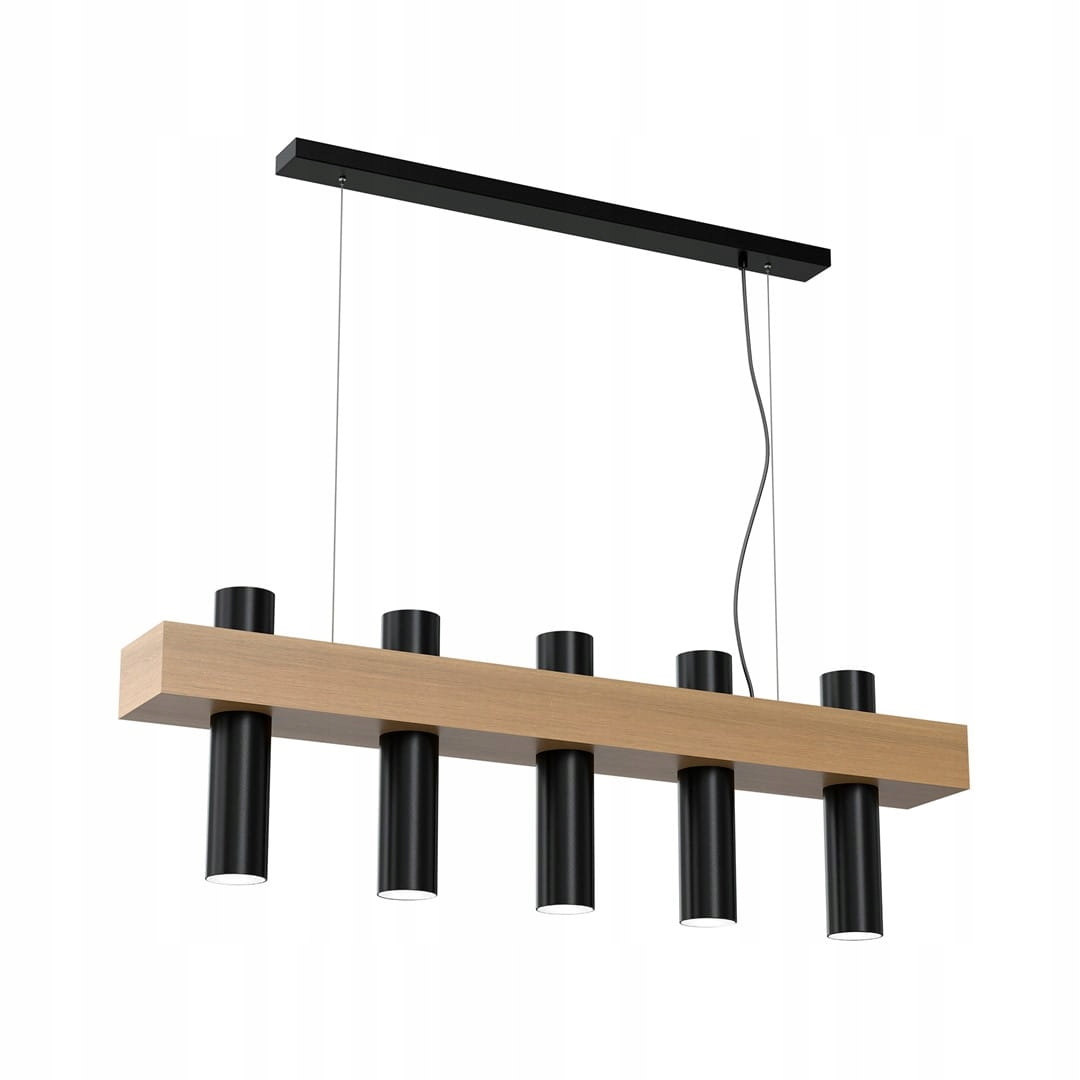 Moderná závesná lampa West 5 s drevenou lištou, čierne tuby