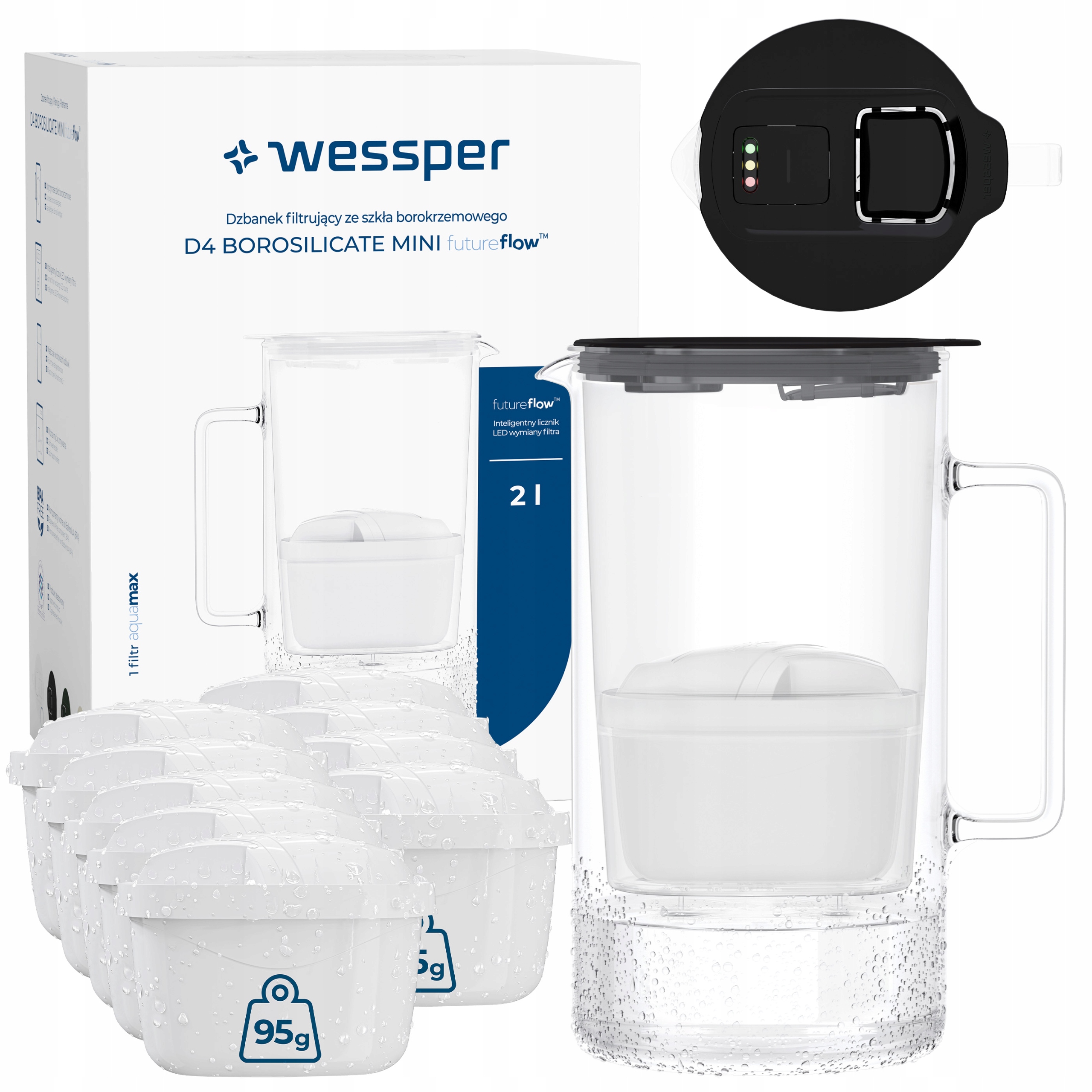 Szklany dzbanek filtrujący D4 Borosilicate Mini licznik Led 2l 10x filtr