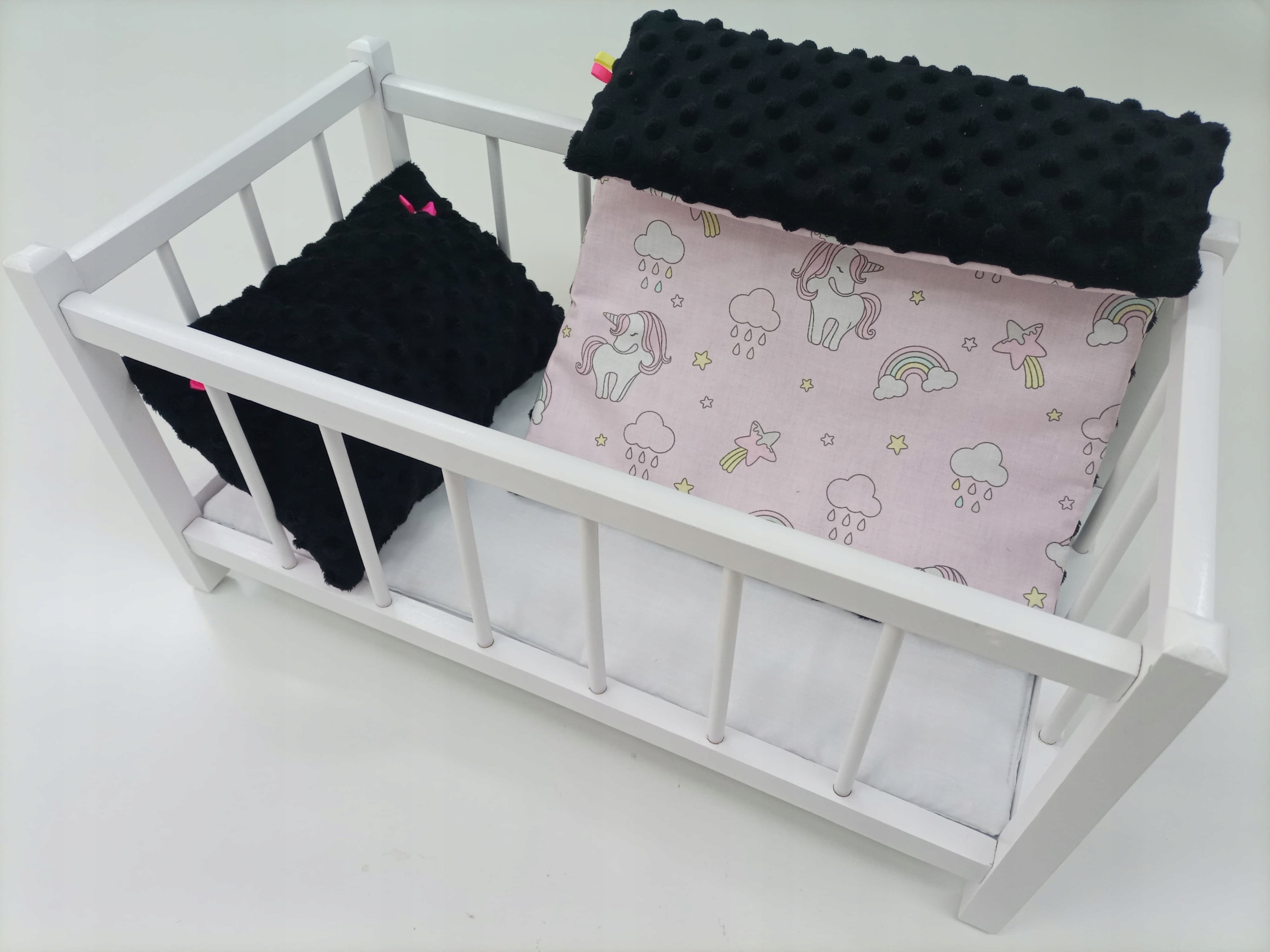 BIAŁE DREWNIANE ŁÓŻECZKO DLA LALEK + POŚCIEL 3EL