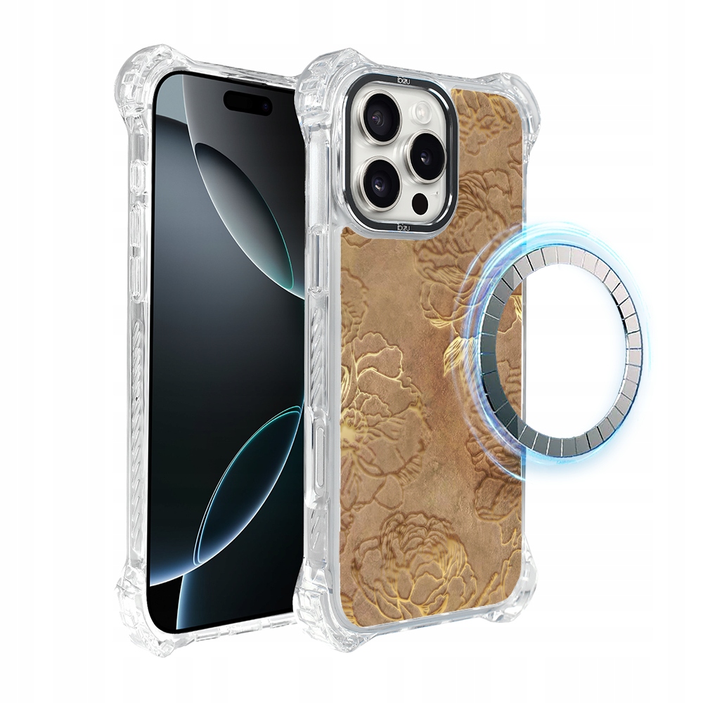 Pouzdro pro iPhone 16 Pro Ibizu DropGuard Ultra s MagSafe, zlaté pivoňky