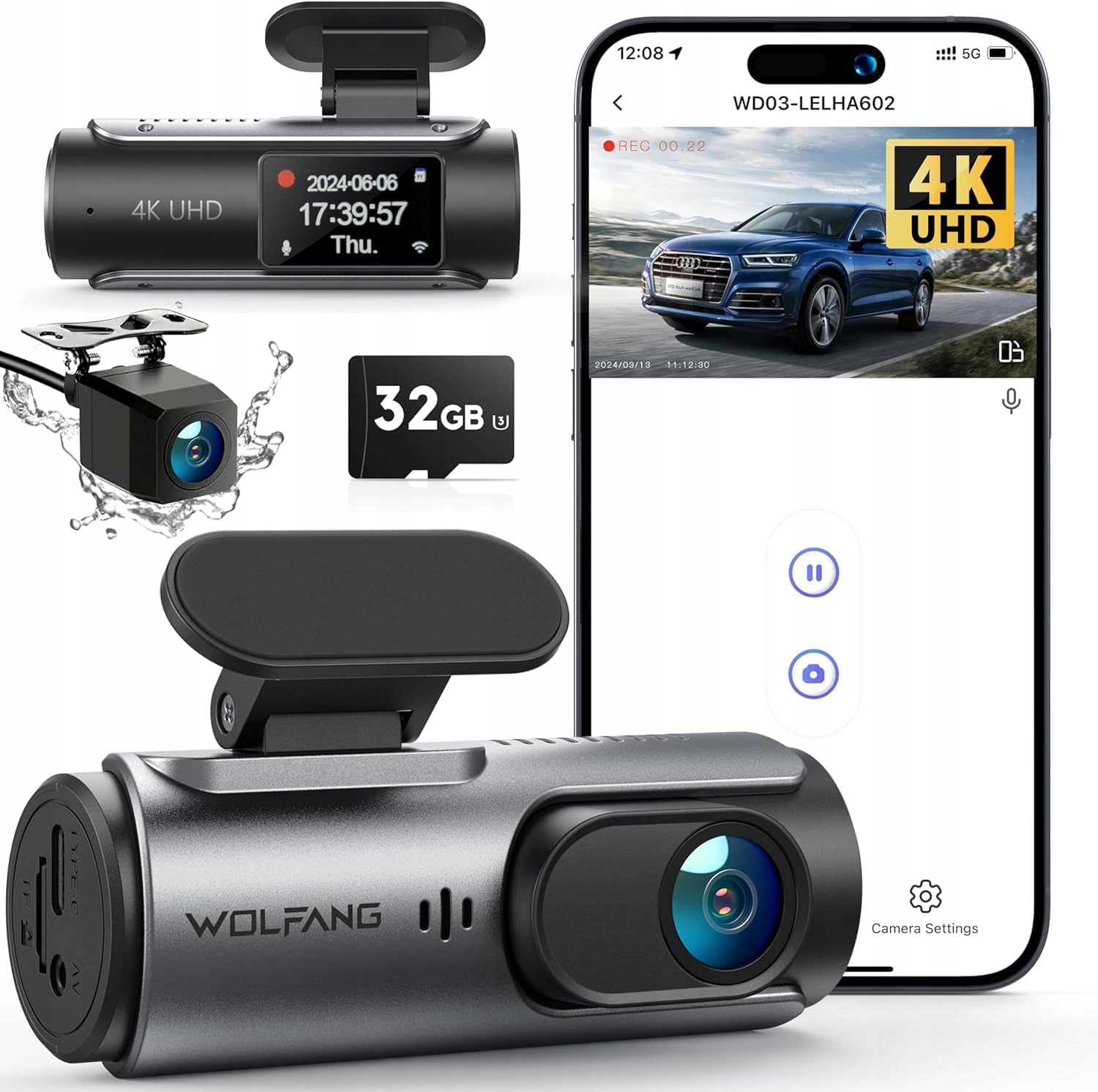 Záznamník Jízdy 4K Přední Zadní Wifi Kamera Automobilová 170° Karta 32 Gb