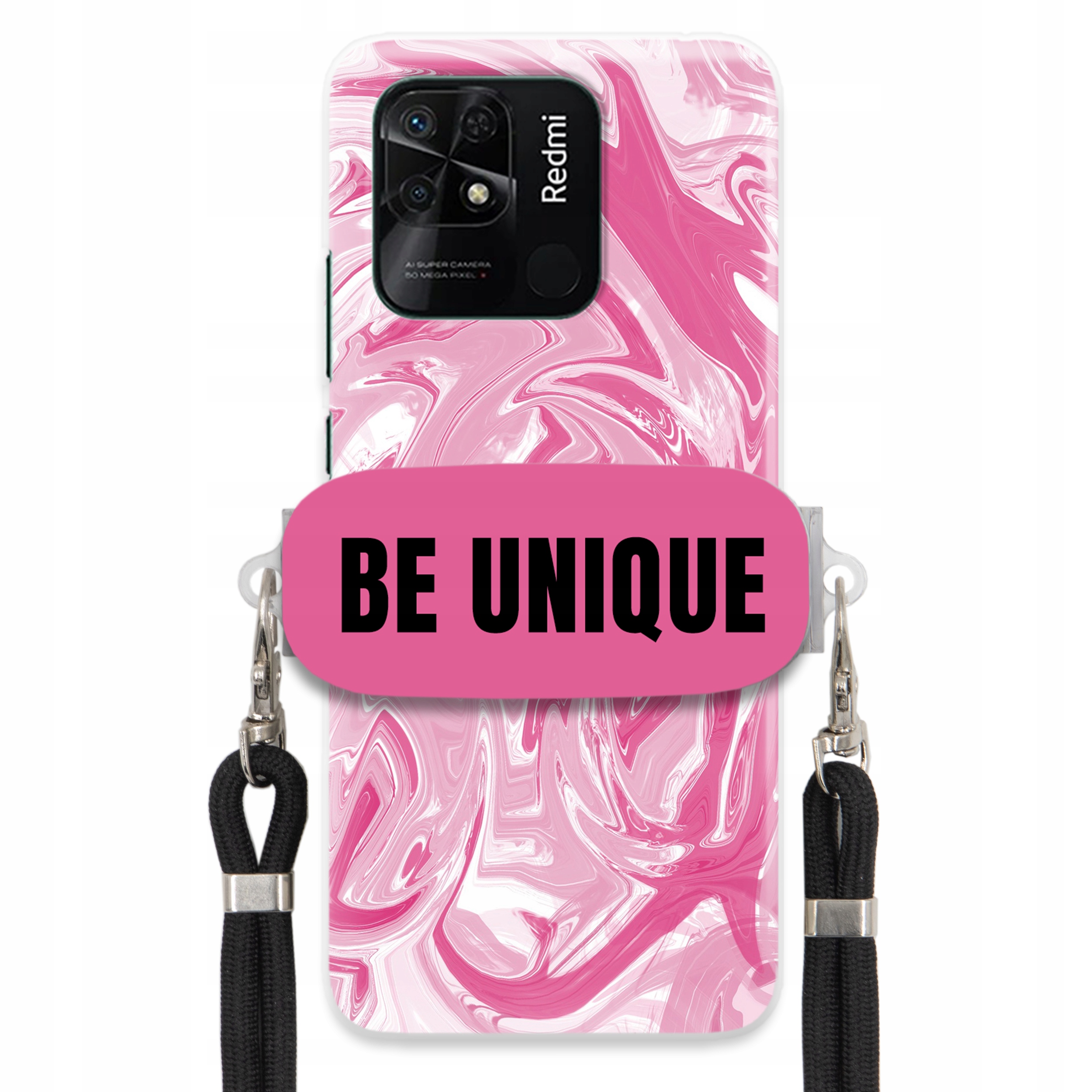 Puzdro pre Xiaomi Redmi 10C 4G Case držiak na šnúrku Čierna ružová Mramor Unique