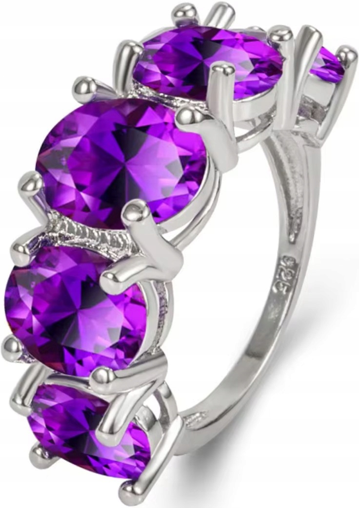 Stříbrný Prstýnek s 5 velkými fialovými oválnými kameny Elegantní