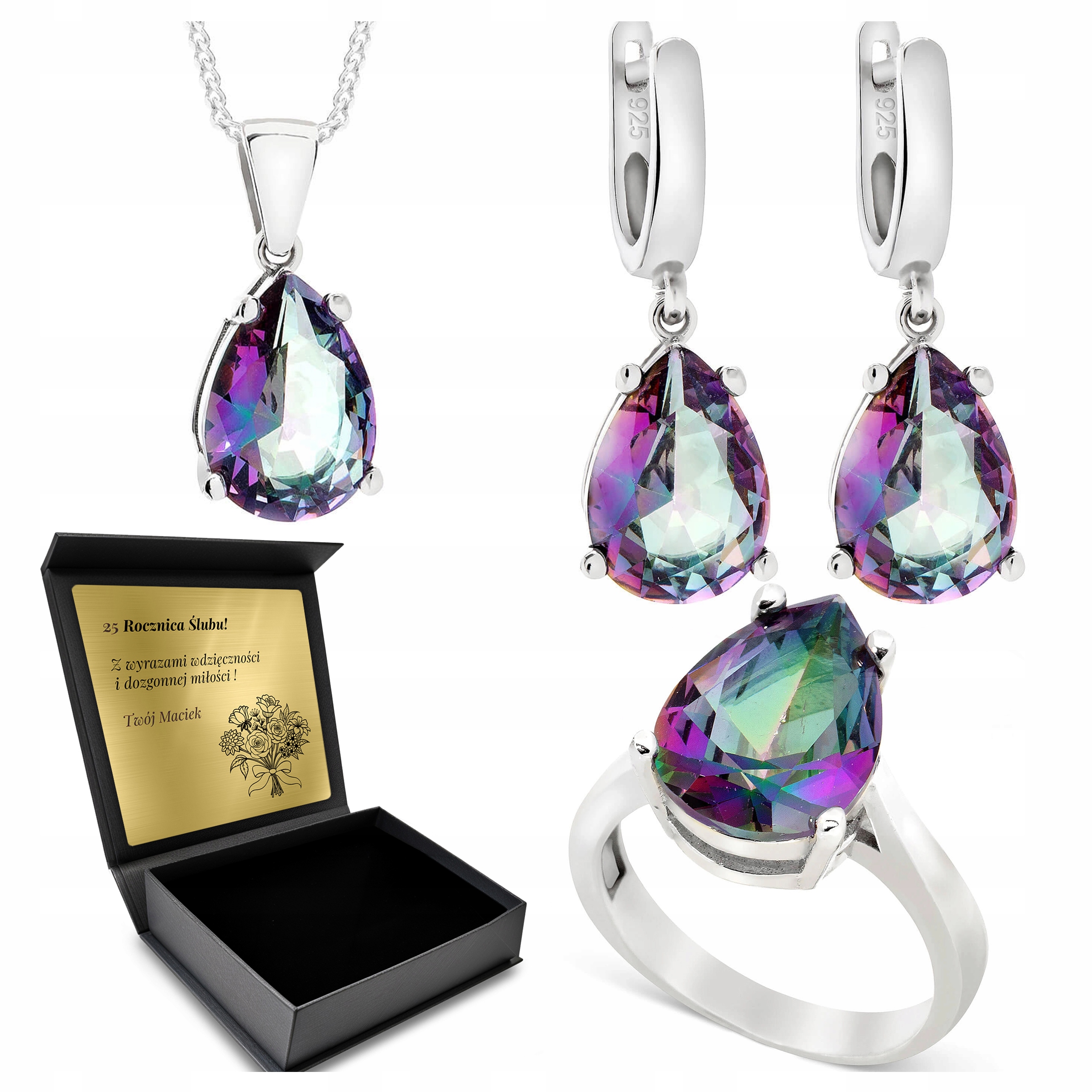 Komplet Stříbrných Šperků 925 S Mystickým Topazem Set Gravírování Bonus