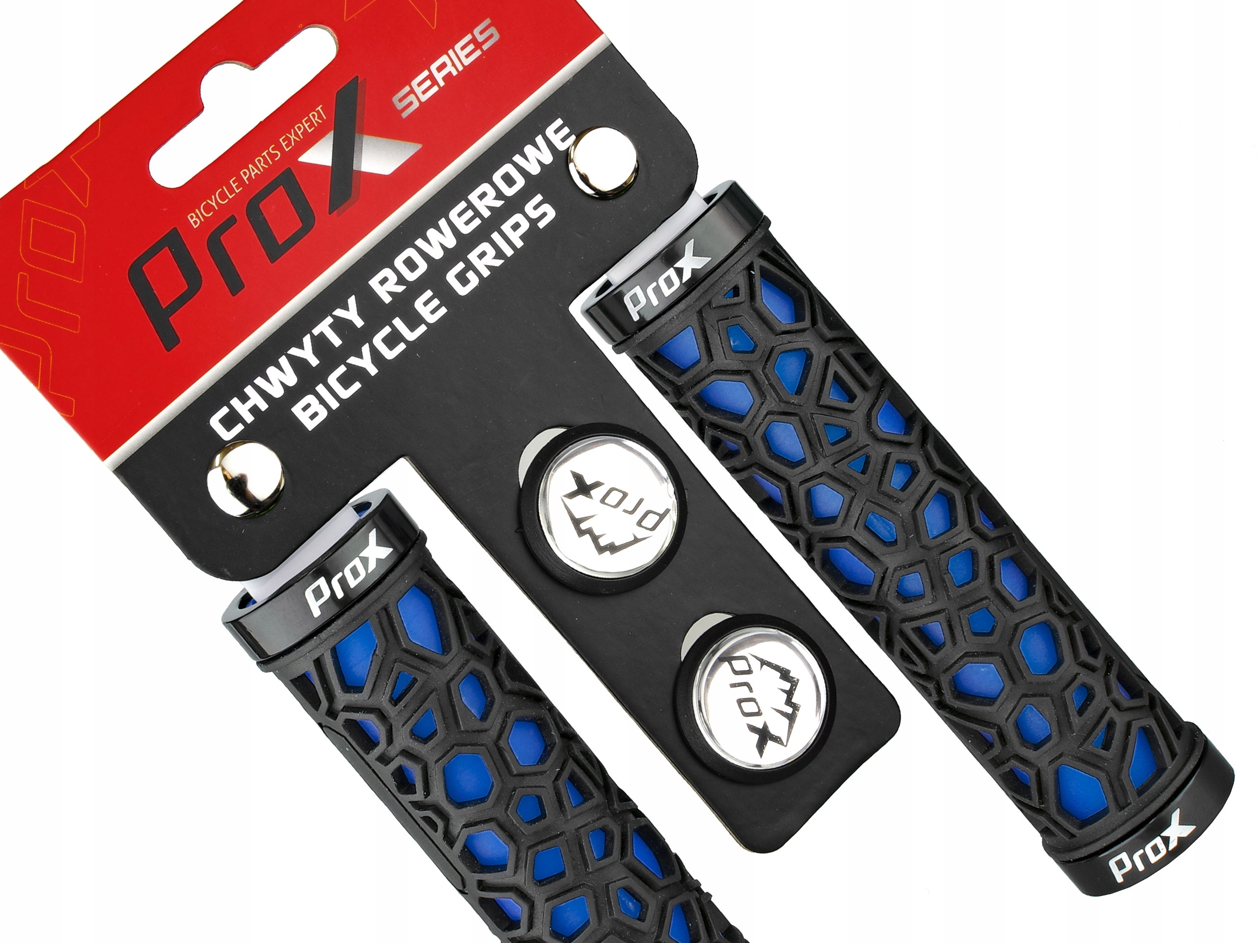 CHWYTY GRIPY RĄCZKI ROWEROWE PROX GP-53 PRZYKRĘCANE CZARNE NIEBIESKIE 130MM Marka Prox