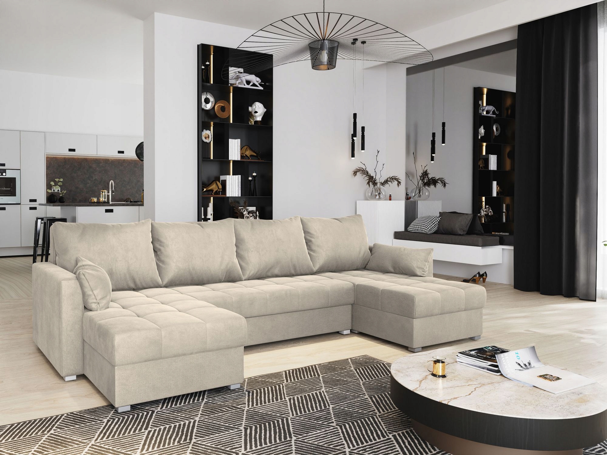 Rohová Sedací Souprava Nako Funkce Spaní Klasický Velur Krémová