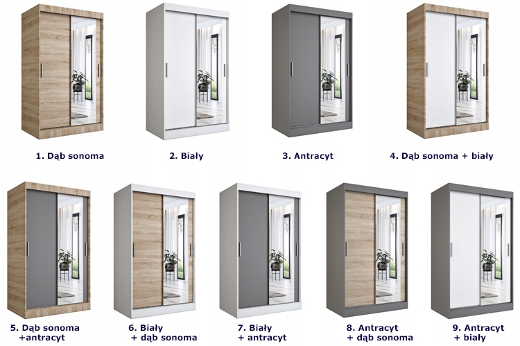 BIAŁA SKANDYNAWSKA SZAFA PRZESUWNA Z LUSTREM 120CM Szerokość mebla 120 cm