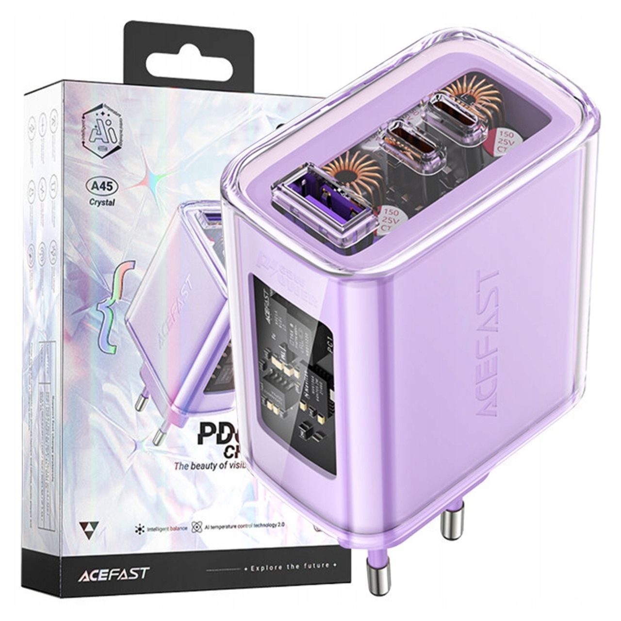 Acefast nabíječka GaN 65W 3 porty (1xUSB, 2xUSB C) fialová (A45)