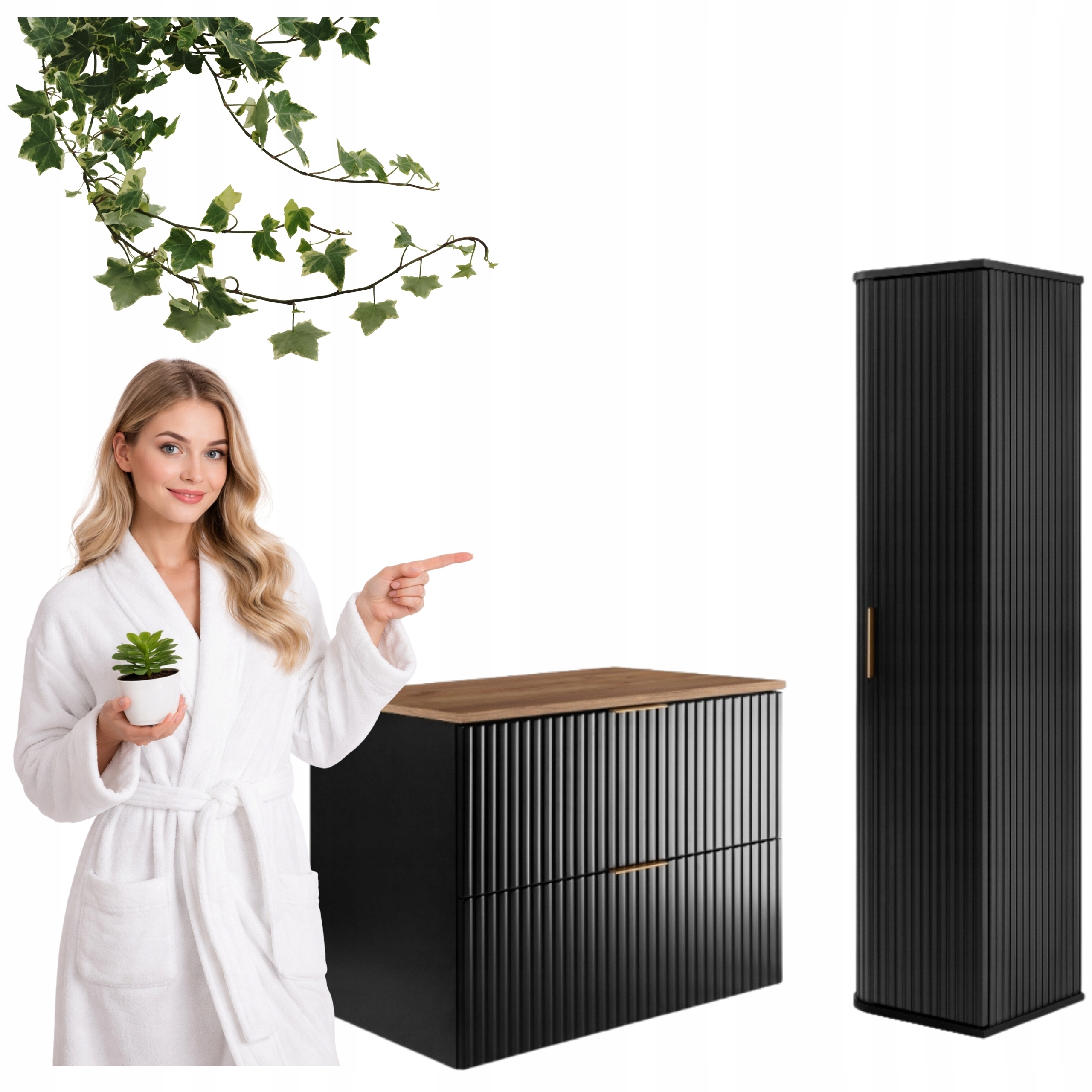 Zestaw Mebli Łazienkowych Wiszących Słupek 136 Szafka 80x46 Czarny Dąb