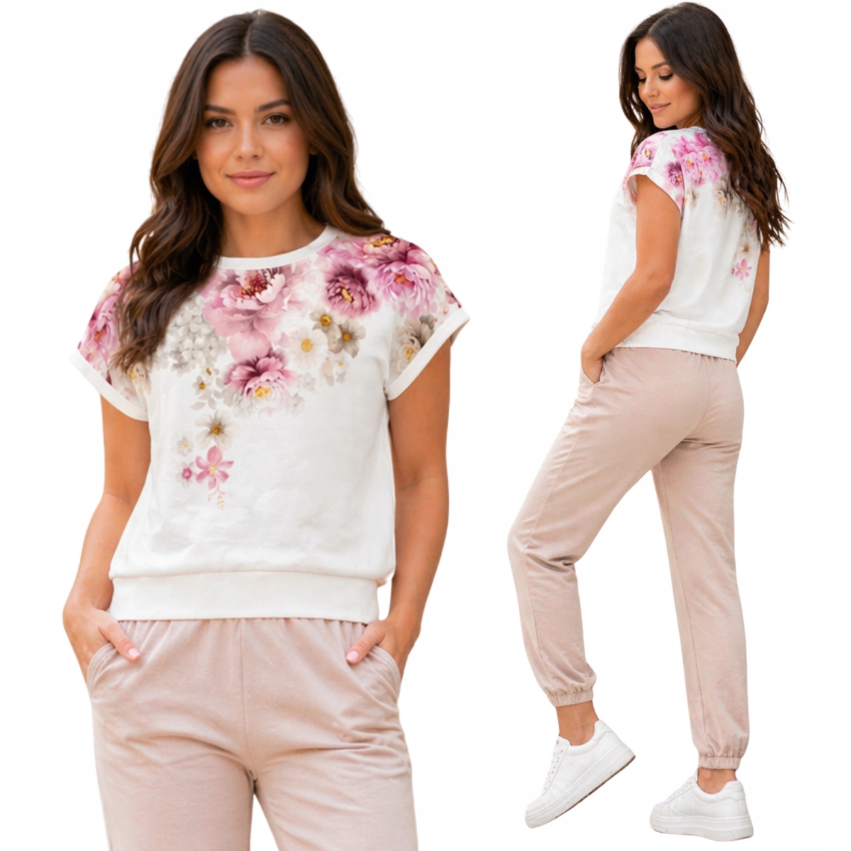 Tepláková souprava z viskózy elegantní s květinami béžová 821162 S/m