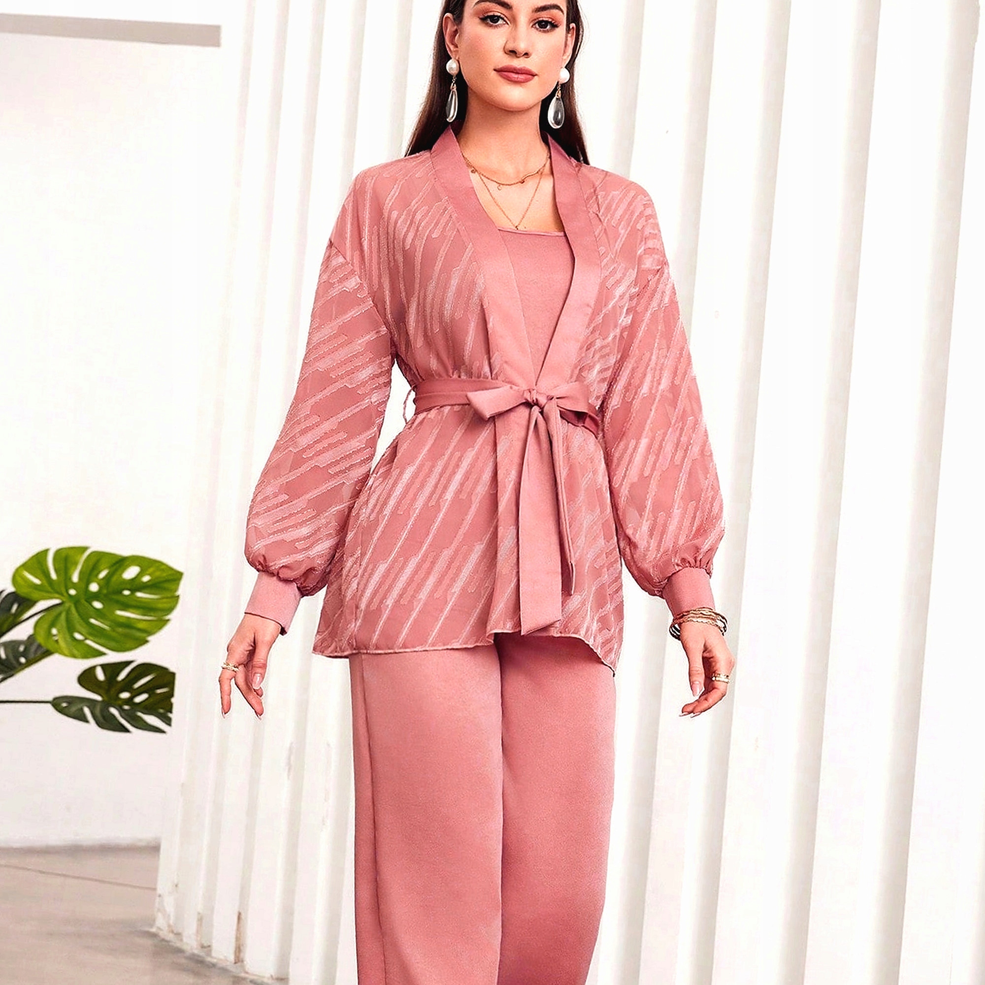 Komplet Kombinéza Lesklá Elegantní S Přehozem Dusty Pink Dámská M 38