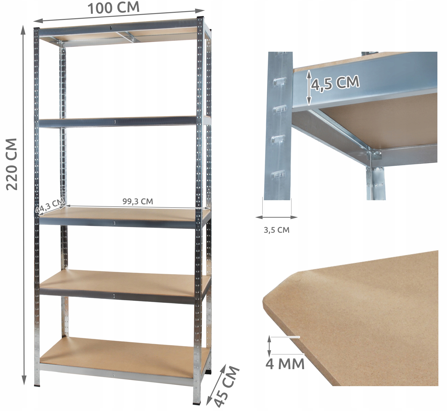 REGAL MAGAZYNOWY 220x100x45 METALOWY 5 POLEK 2W1 Depth 45 cm