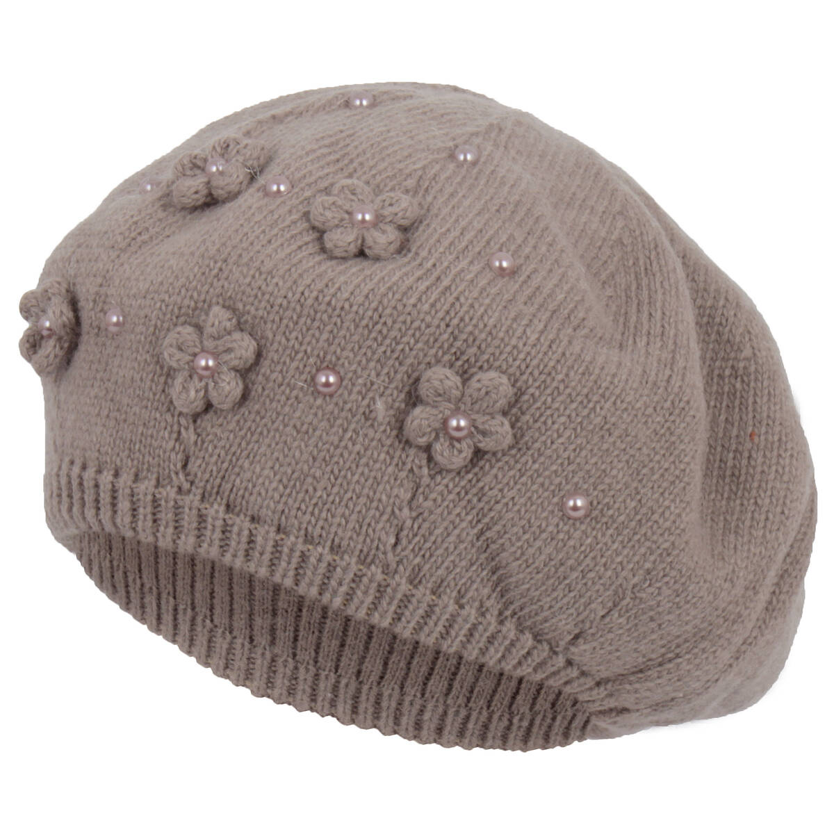 

W336C Damski Modny Beret Z Kwiatuszkami Brązowy