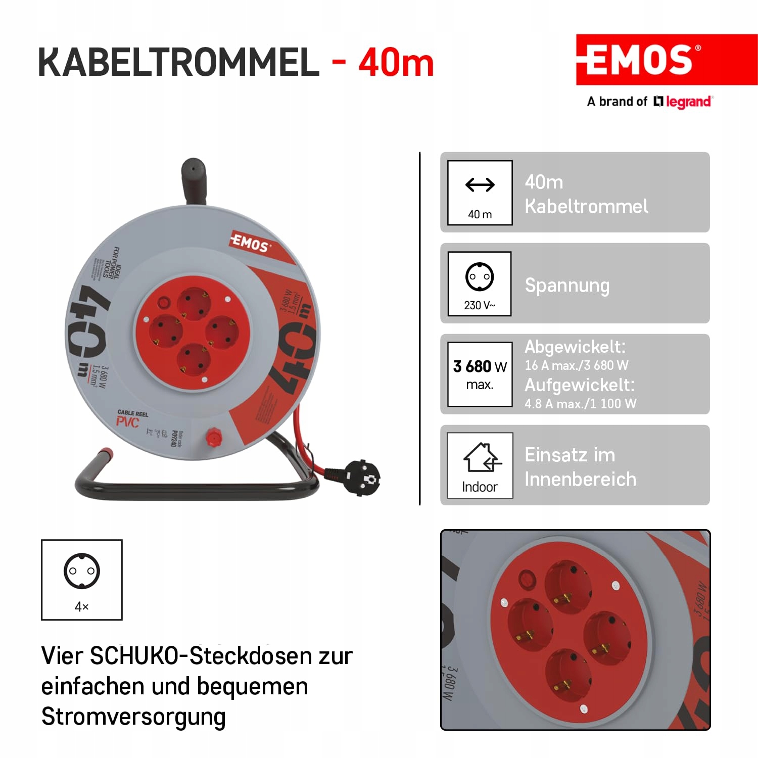 EMOS Kabel Na Bębnie 40m 4 Gniazda Schuko 230V 16A 3680W PVC IP20 Wewnątrz — miniatura 2