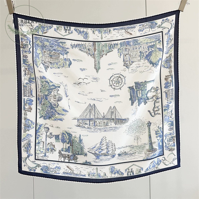 Hedvábná šála modrá 65x65 cm Mořský motiv Šátek Dárek