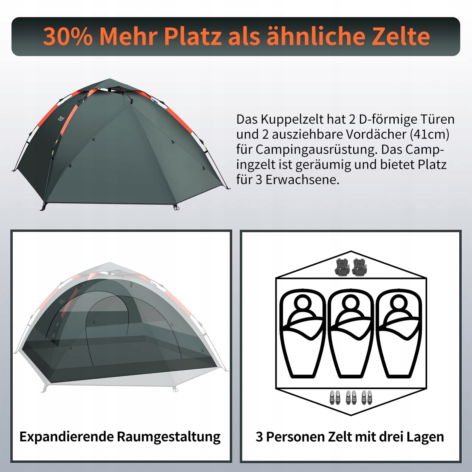 CFLITY 3-Person Pop Up Waterproof Tent 4 Seasons with Two Verandas — miniatura 3