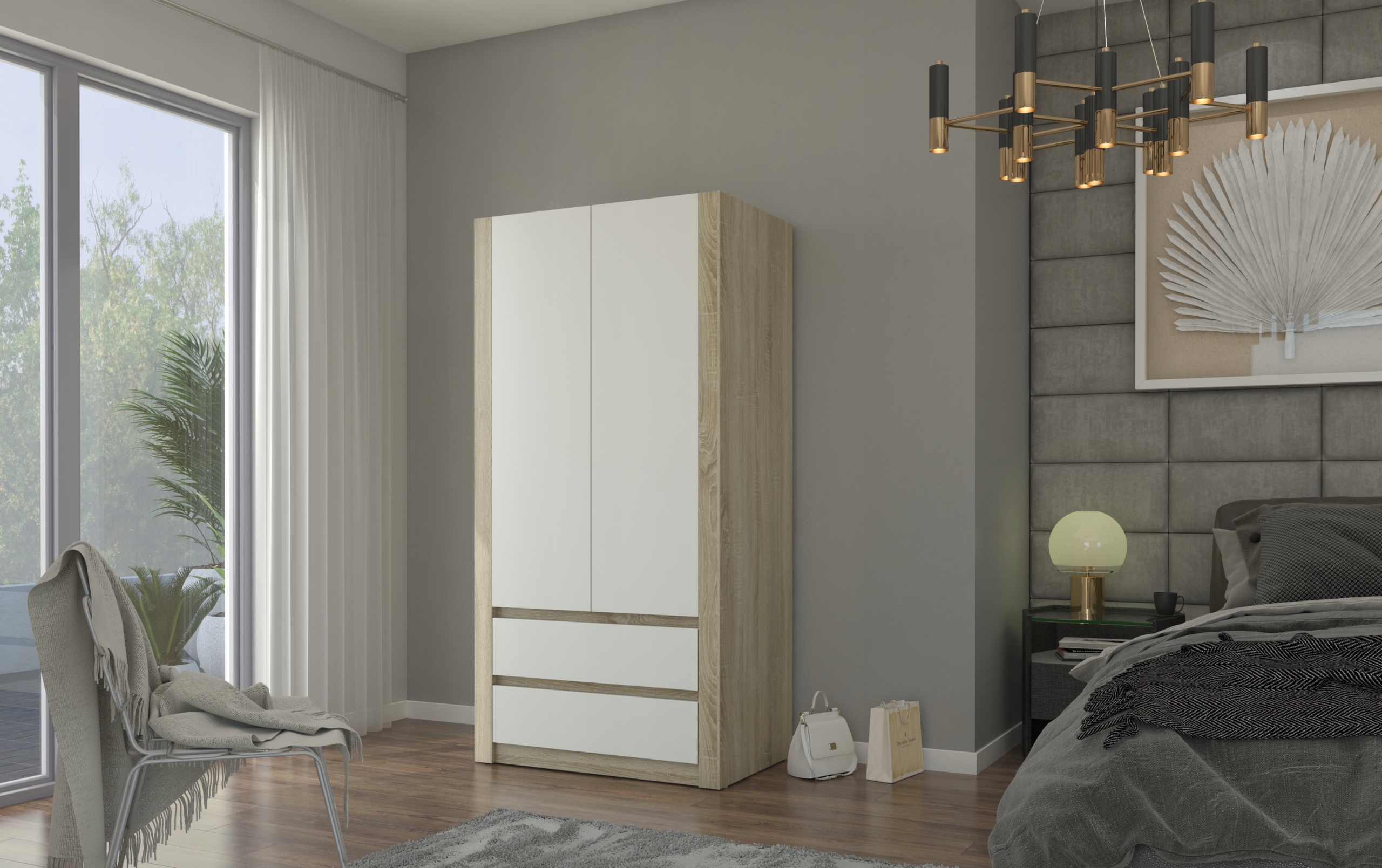 Szafa garderoba 90cm 2d 2sz sonoma mix biała B-20