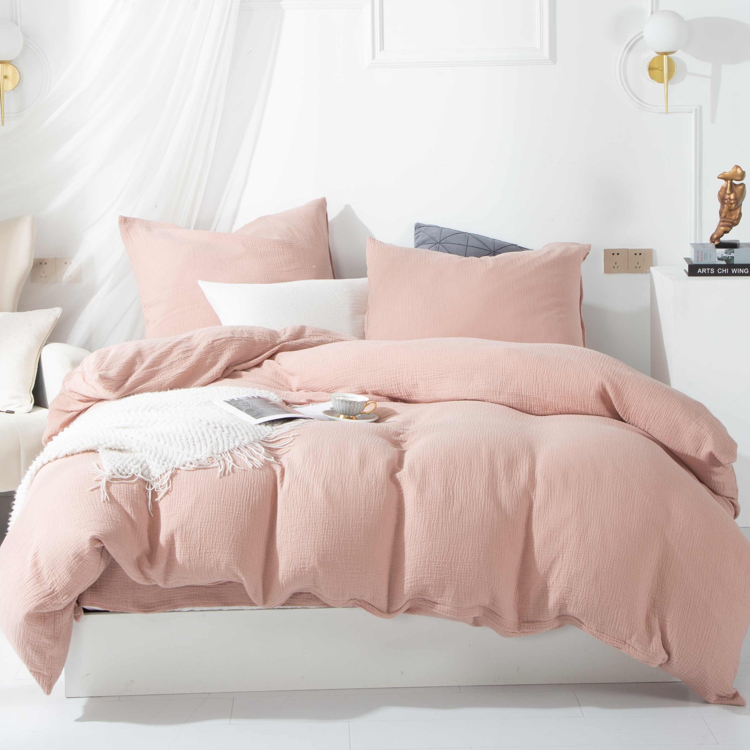 Różowa Pościel Muślinowa 160x200 Komplet Premium Naturalna Pudrowa