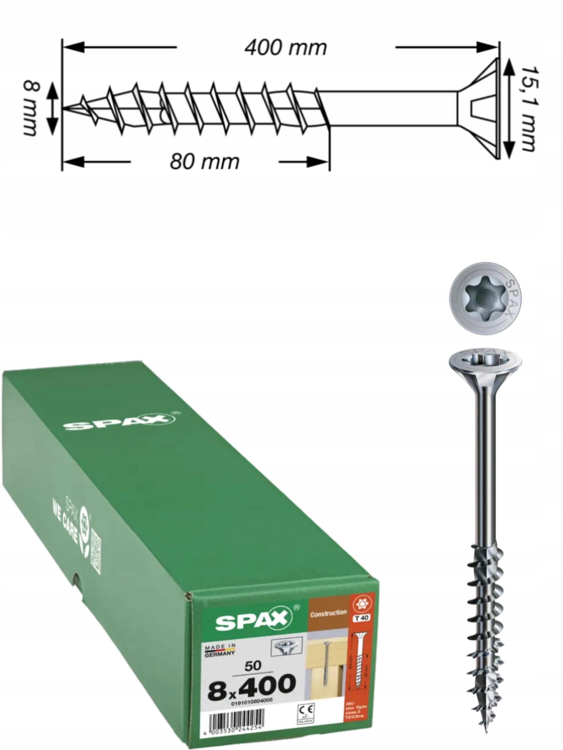 Univerzální vruty Wirox pro dřevěné konstrukce Spax 8 x 400 mm 50 ks