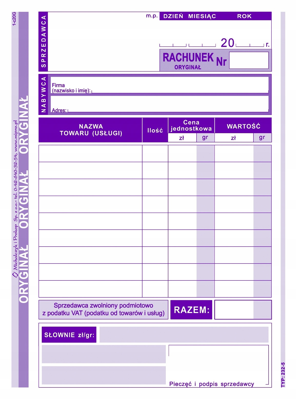 RACHUNEK DLA ZW. Z VAT A6 PION 232-5