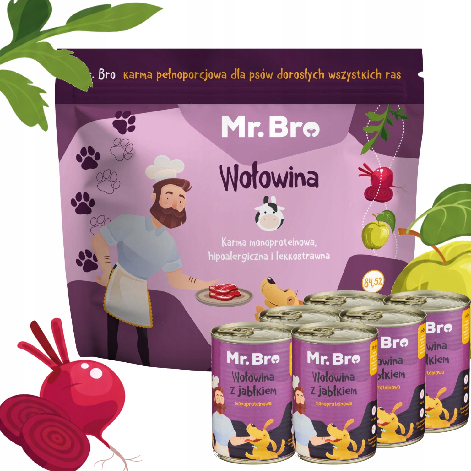 Mr. Bro monoproteinové suché a Vlhké Krmivo pro dospělé psy s hovězím masem 3k