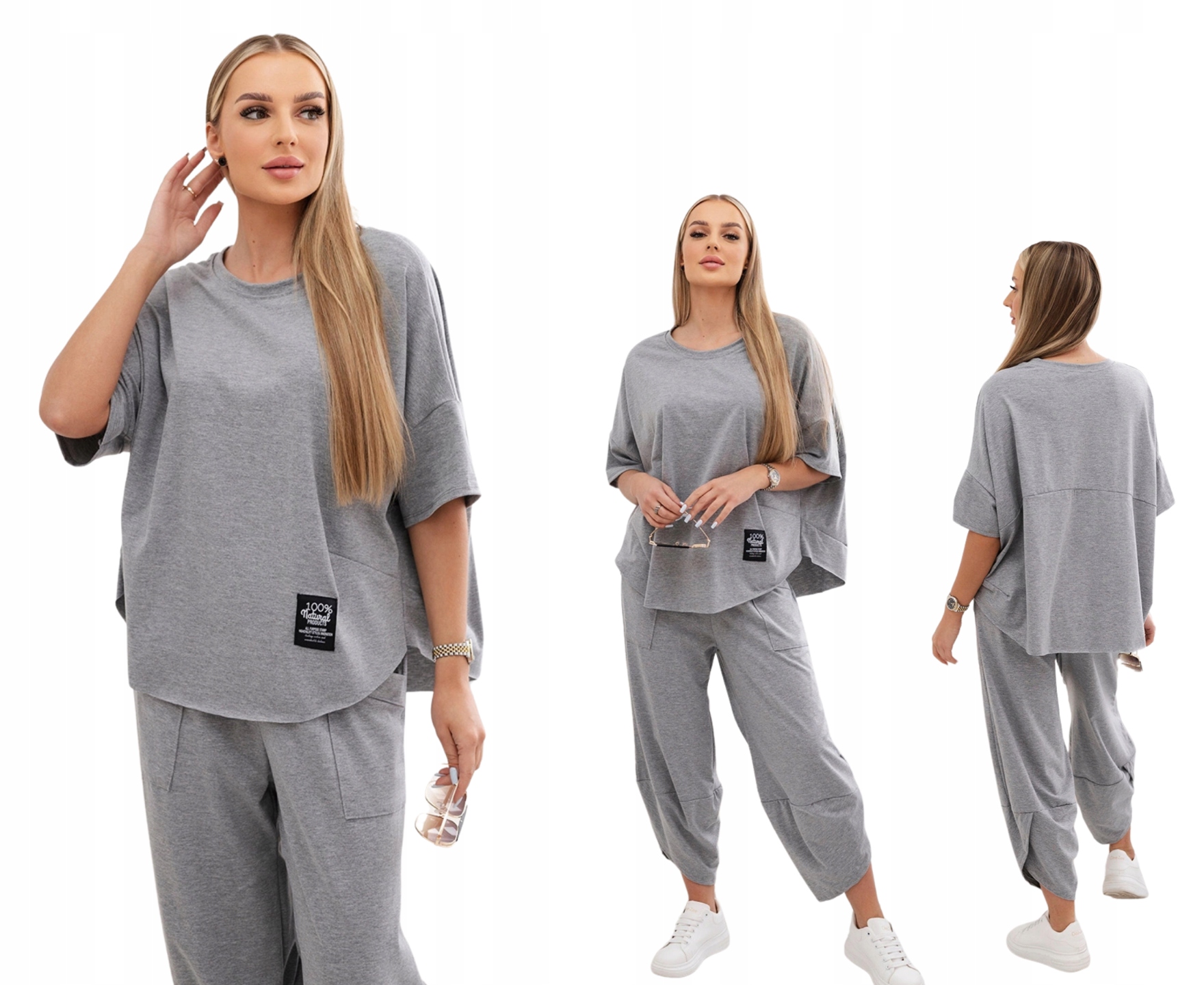 Tmavě šedý dámský bavlněný komplet: oversize halenka a kalhoty