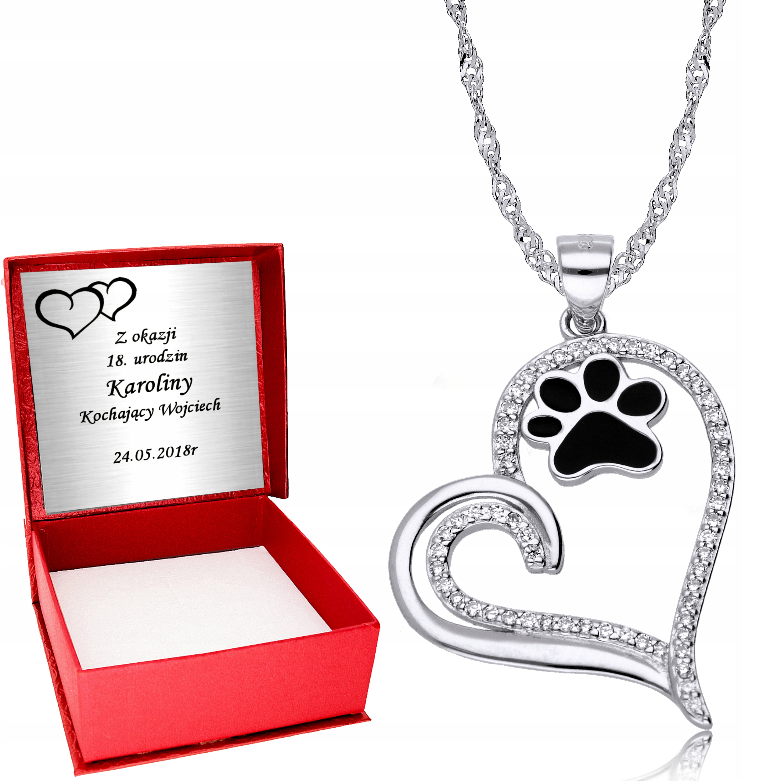 

Srebrny Łańcuszek 925 Serce Psia łapka Grawer
