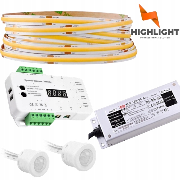 15m Schodiskový set Kaskádový zväzok Led pásik Cob 8W 24V MoNo +pohybové detektory
