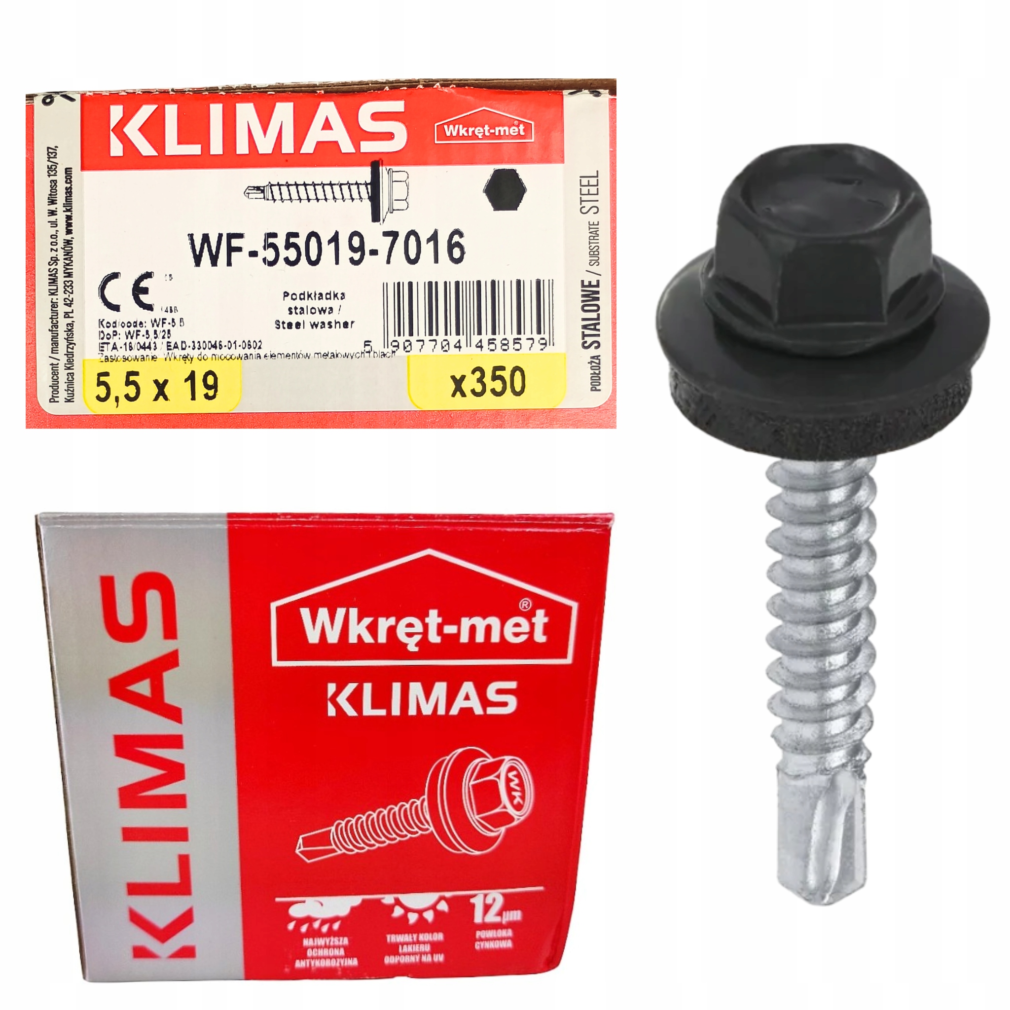 Wkręty farmerskie do metalu 5,5x19 kolor antracyt Ral 7016 Klimas 350 szt.