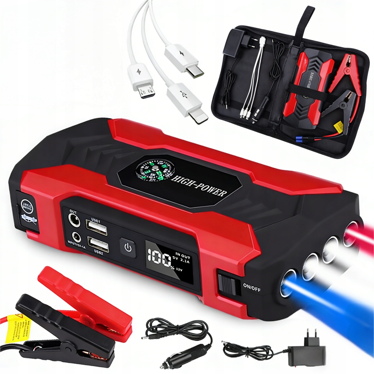 Jump Starter Mocny Rozruch Booster 28000mAh Powerbank Latarka Klemy Kable