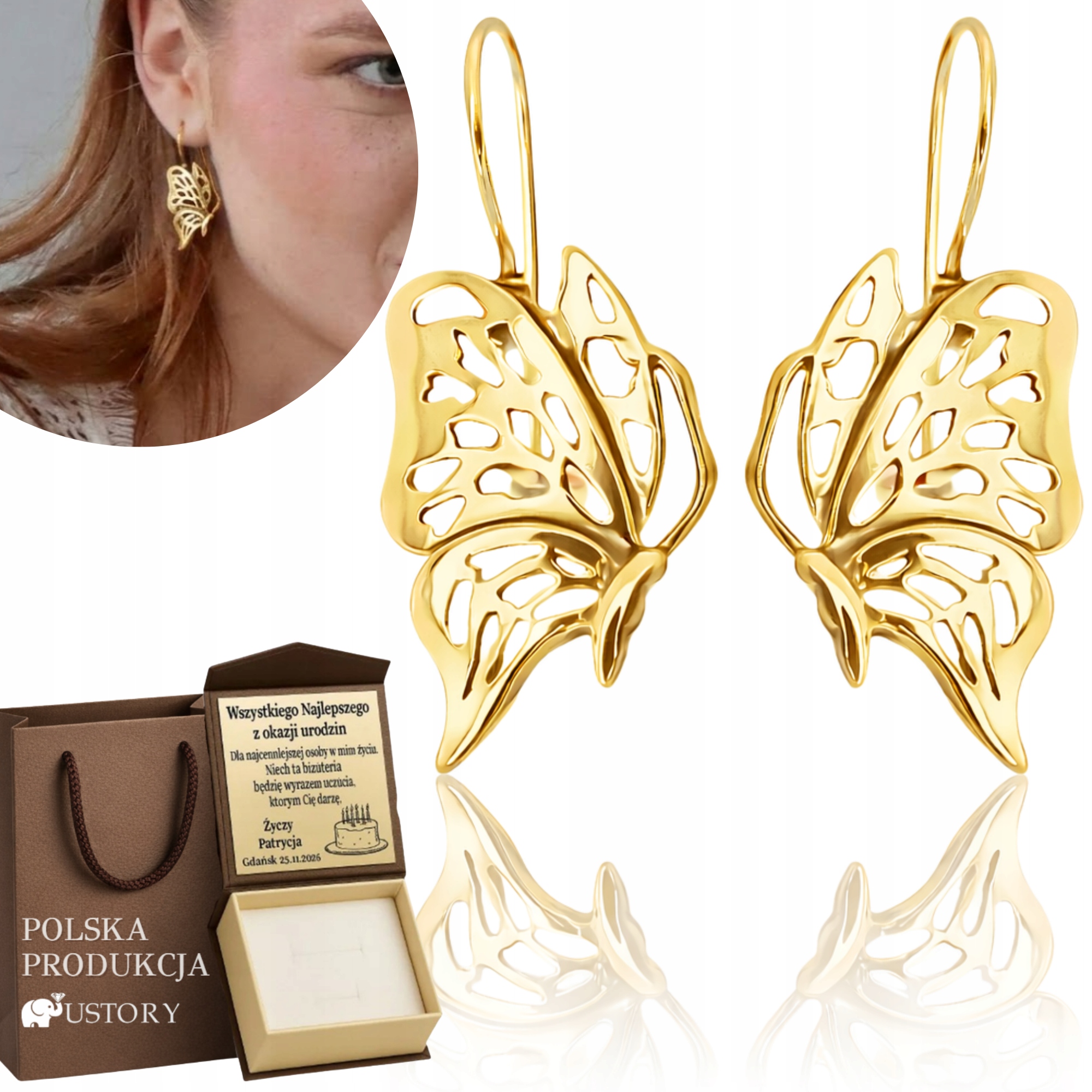 Zlaté Náušnice Motýli Závěsní Pozlacené 925/585 14K Bižuterie Gravírování