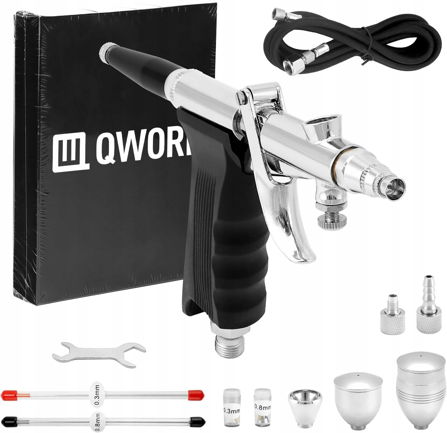 Qwork Pistole Airbrush Trysky 0.3-0.8 mm Hrnky 2-13 ml Dělená hadice 1.8 m