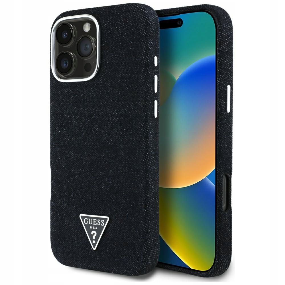 Pouzdro Guess Denim Triangle Logo MagSafe pro iPhone 16 Pro Max, černé