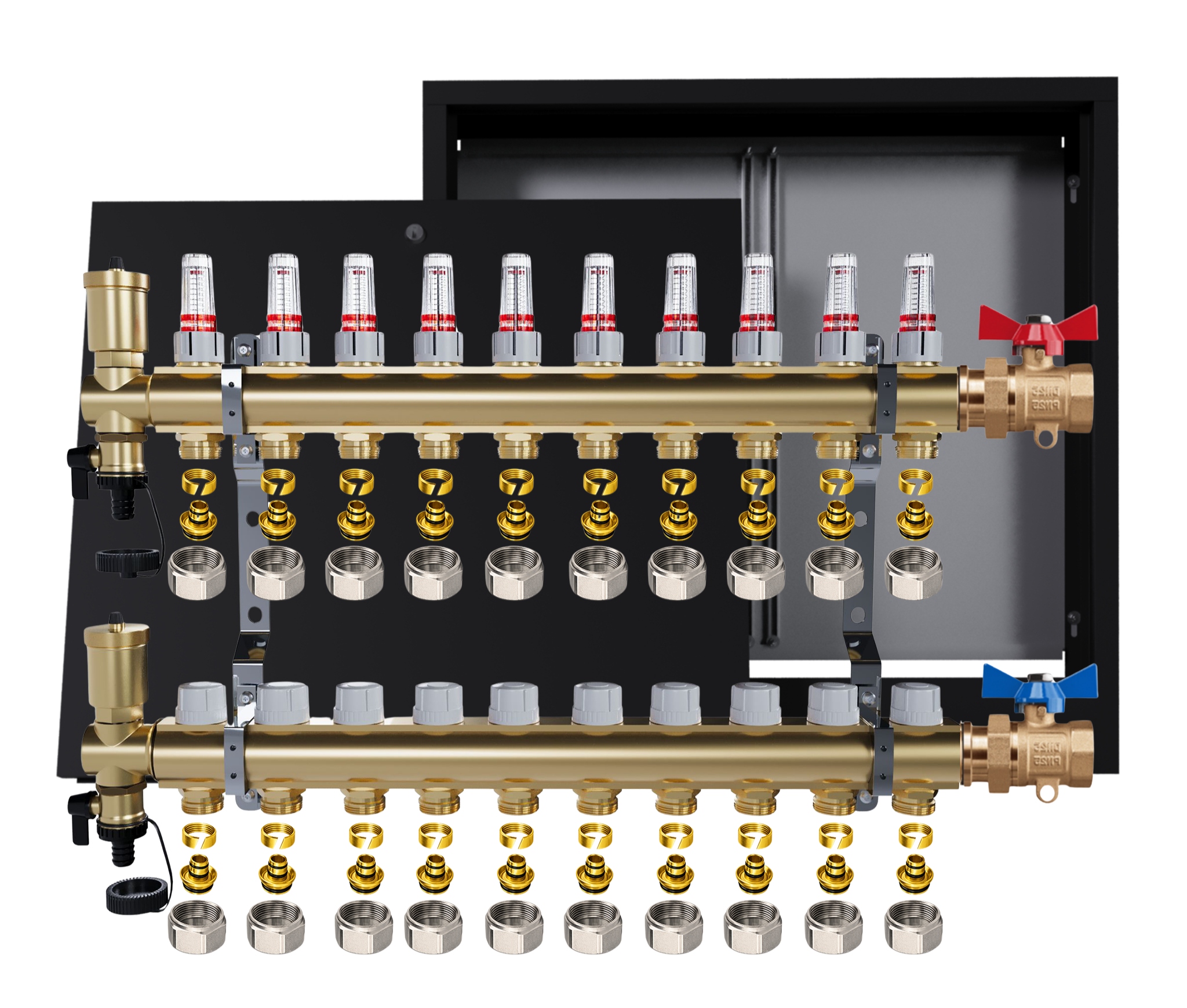 Rozdělovač mosazný podlahový 10 okruhů skříňka jednoduchý ventil Pex