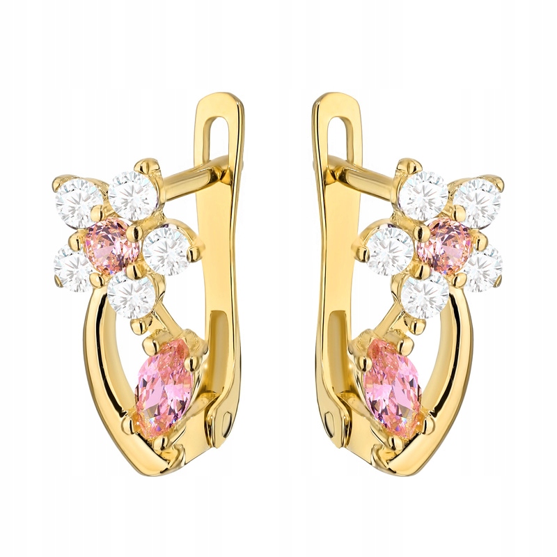 Krásné Zlaté Náušnice p. 585 Květina s stonky Bílé a růžové Zirkony 14k