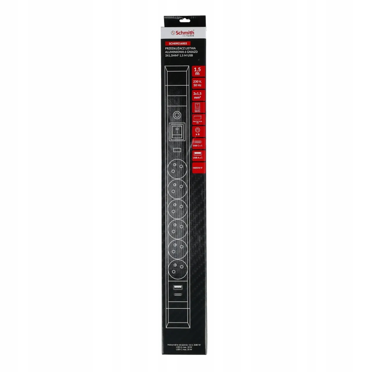 SCHMITH LISTWA ALU 6 GNIAZD 3M USB 3X1,5MM