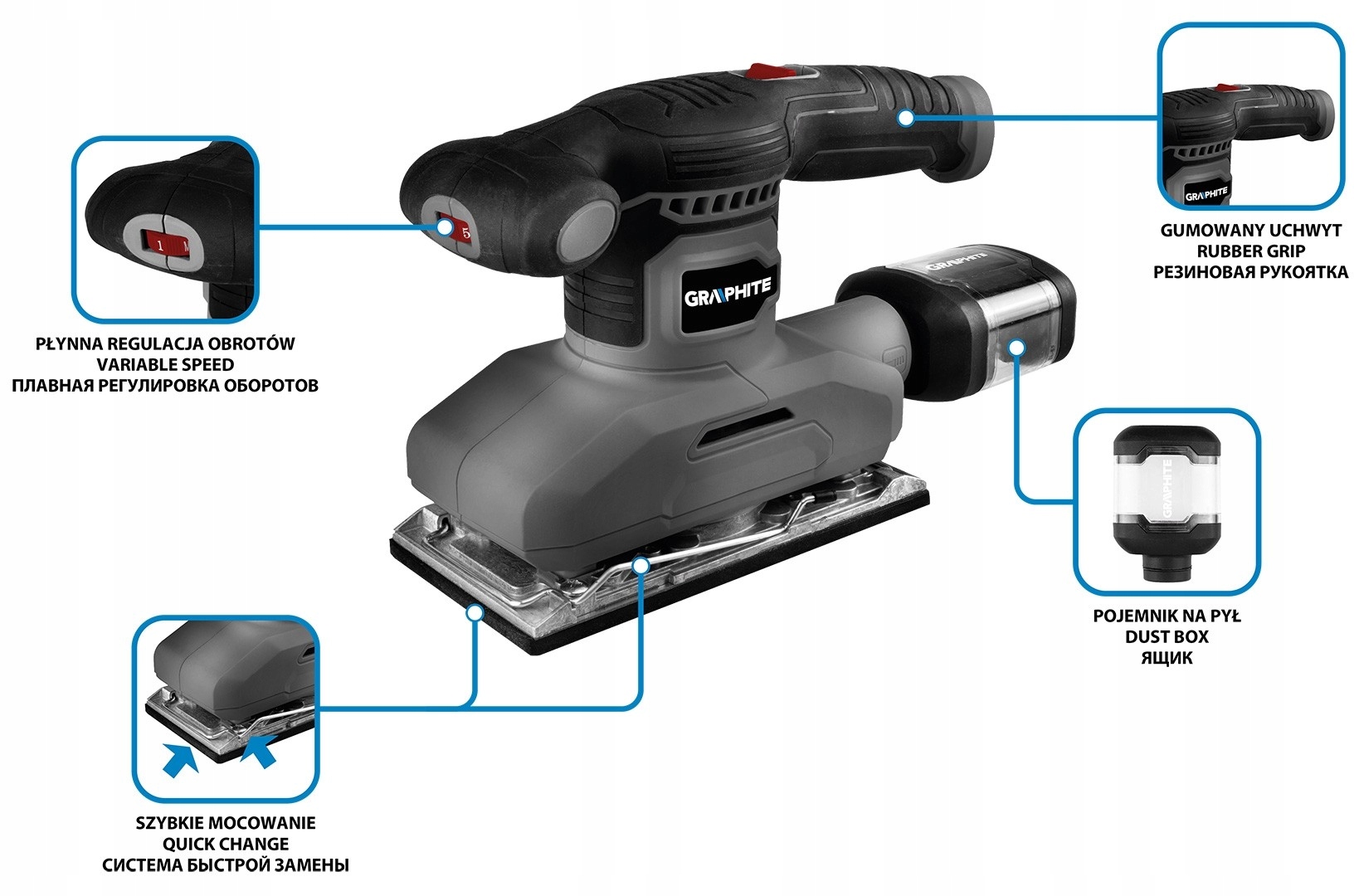 GRAPHITE SZLIFIERKA OSCYLACYJNA 260W 90x187MM PAPIER POJEMNIK NA PYŁ 59G326 Marka Graphite