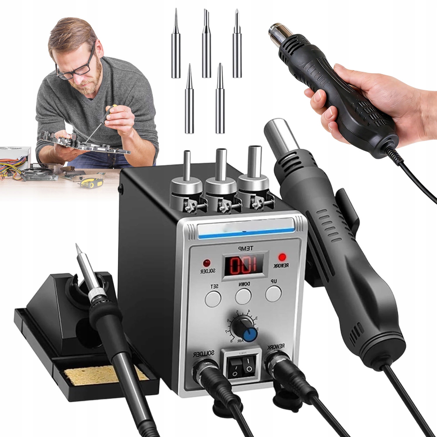 2V1 Led Svařovací Stroj Na Plasty, Pájecí Stanice Hot Air Se 3 Tryskami 700 60 W