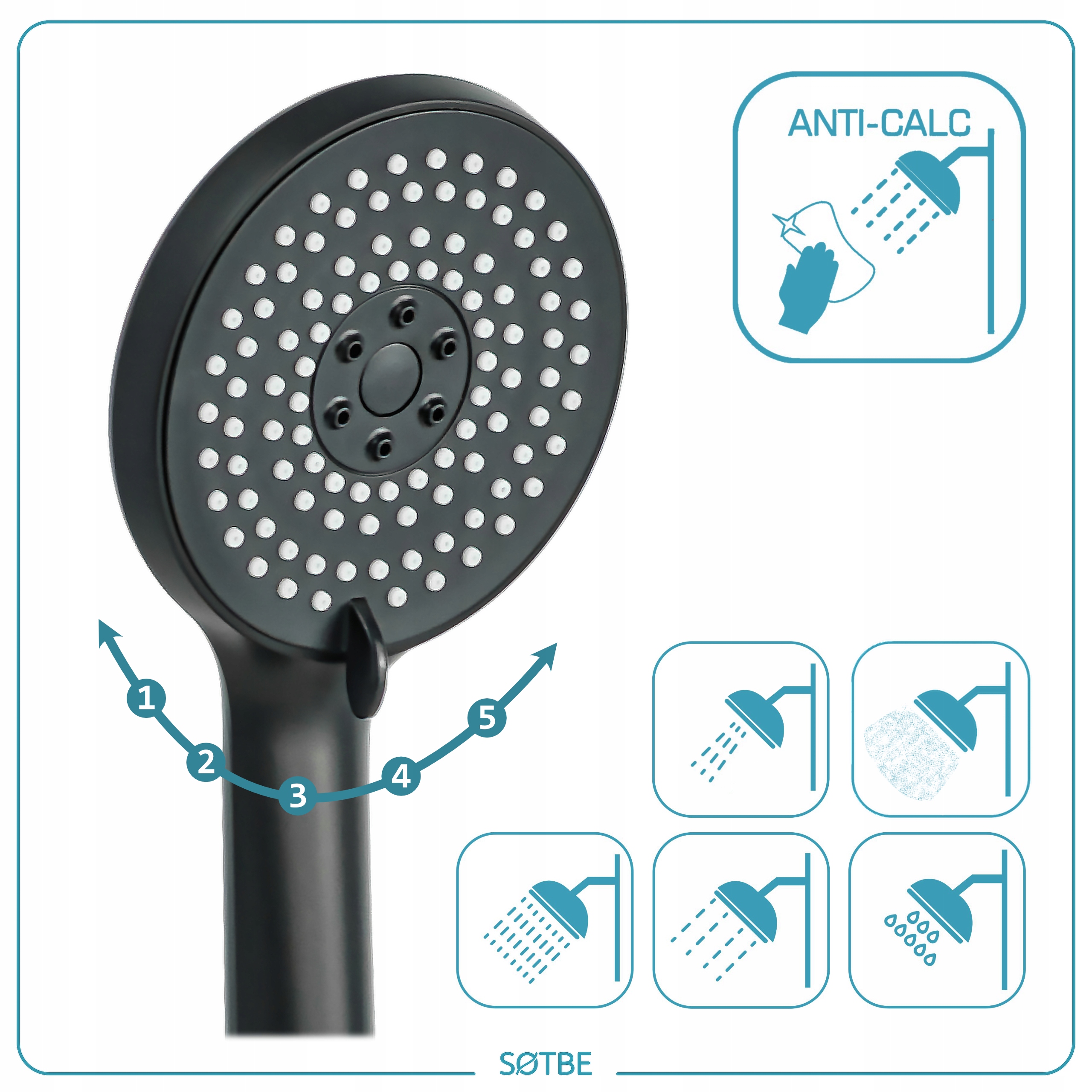 Słuchawka do prysznica 5 funkcji napowietrzona 6L/min ECO OSZCZĘDNA SOTBE Waga produktu z opakowaniem jednostkowym 1 kg