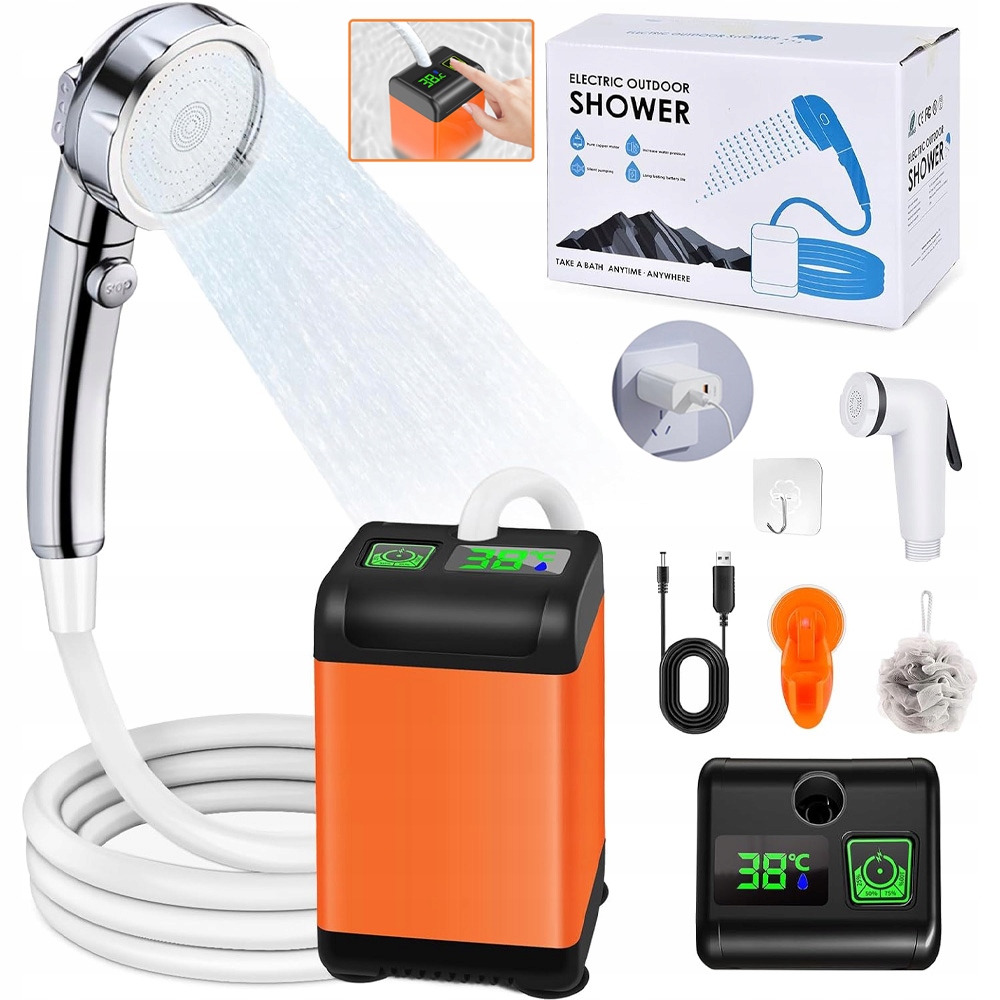 Prysznic Turystyczny Kempingowy Pompka Elektryczna Akumulator Pomarańczowy