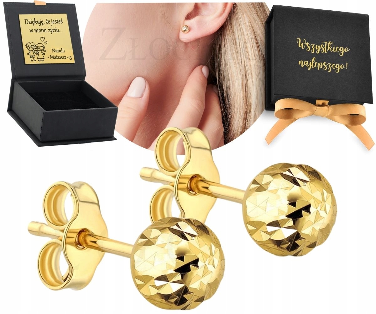 Dárek pro ženu Zlaté Náušnice Diamantové kuličky Šrouby 585 6Mm