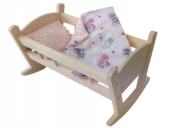 KOŁYSKA DLA LALEK DREWNIANA + POŚCIEL