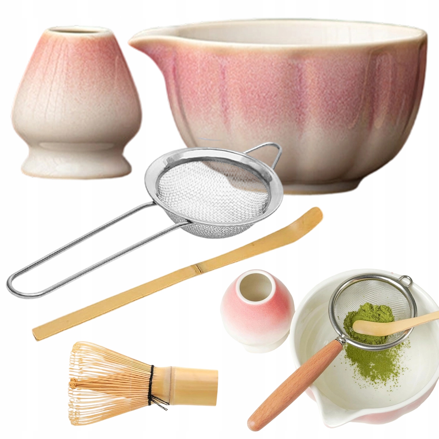 Levně Obřadní Sada Na Čaj Matcha Růžovo-bílá Porcelánová A Bambusová
