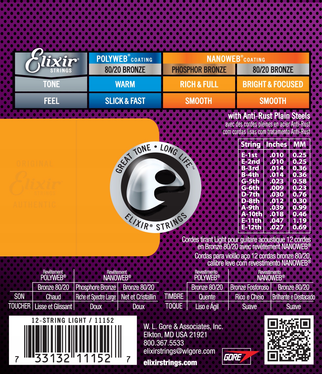 Struny Elixir NanoWeb 80/20 Bronze 12-string 10-47 EAN (GTIN) 733132111527