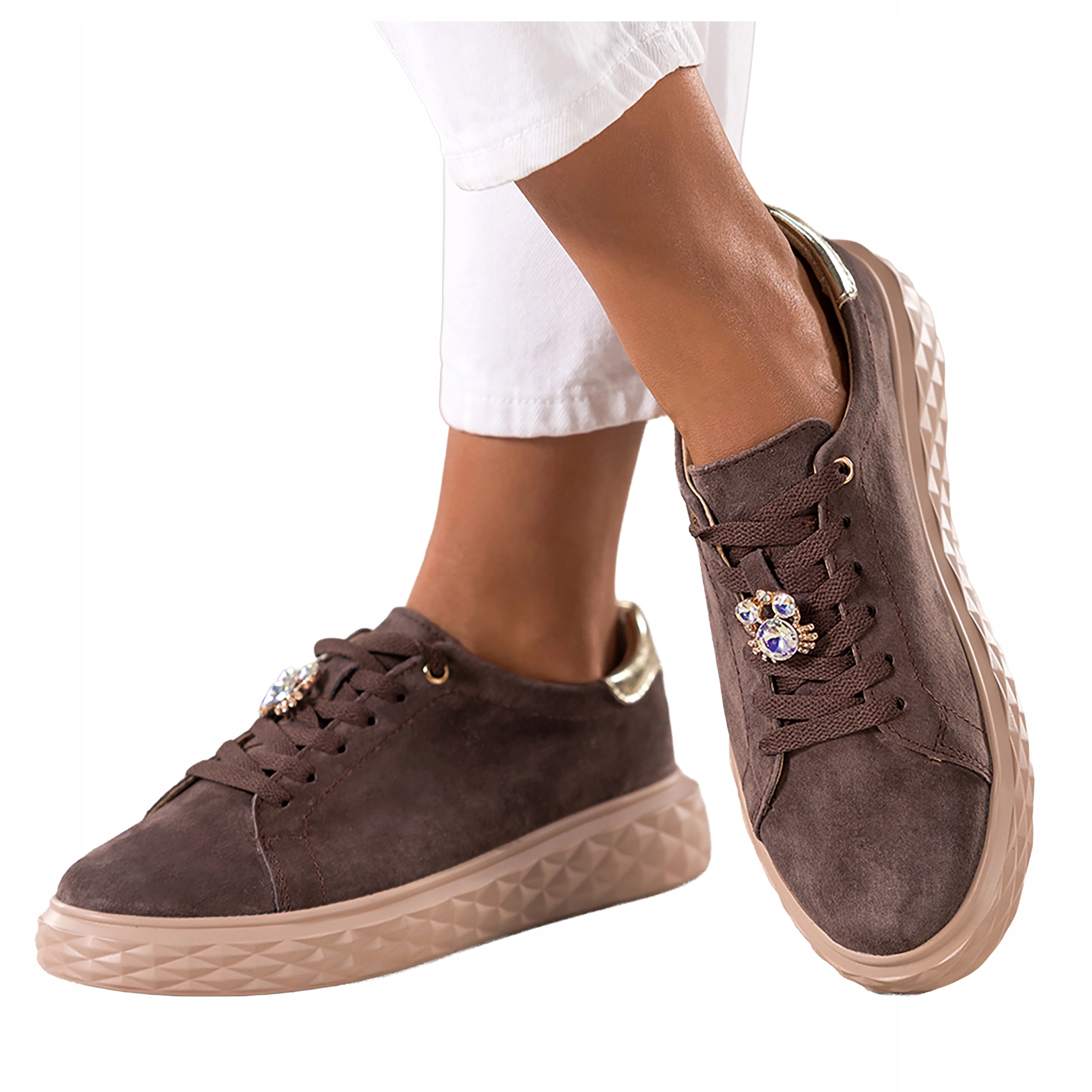 Čokoládové Tenisky Dámské Šněrovací ozdoby na platformě Kožené vel. 40