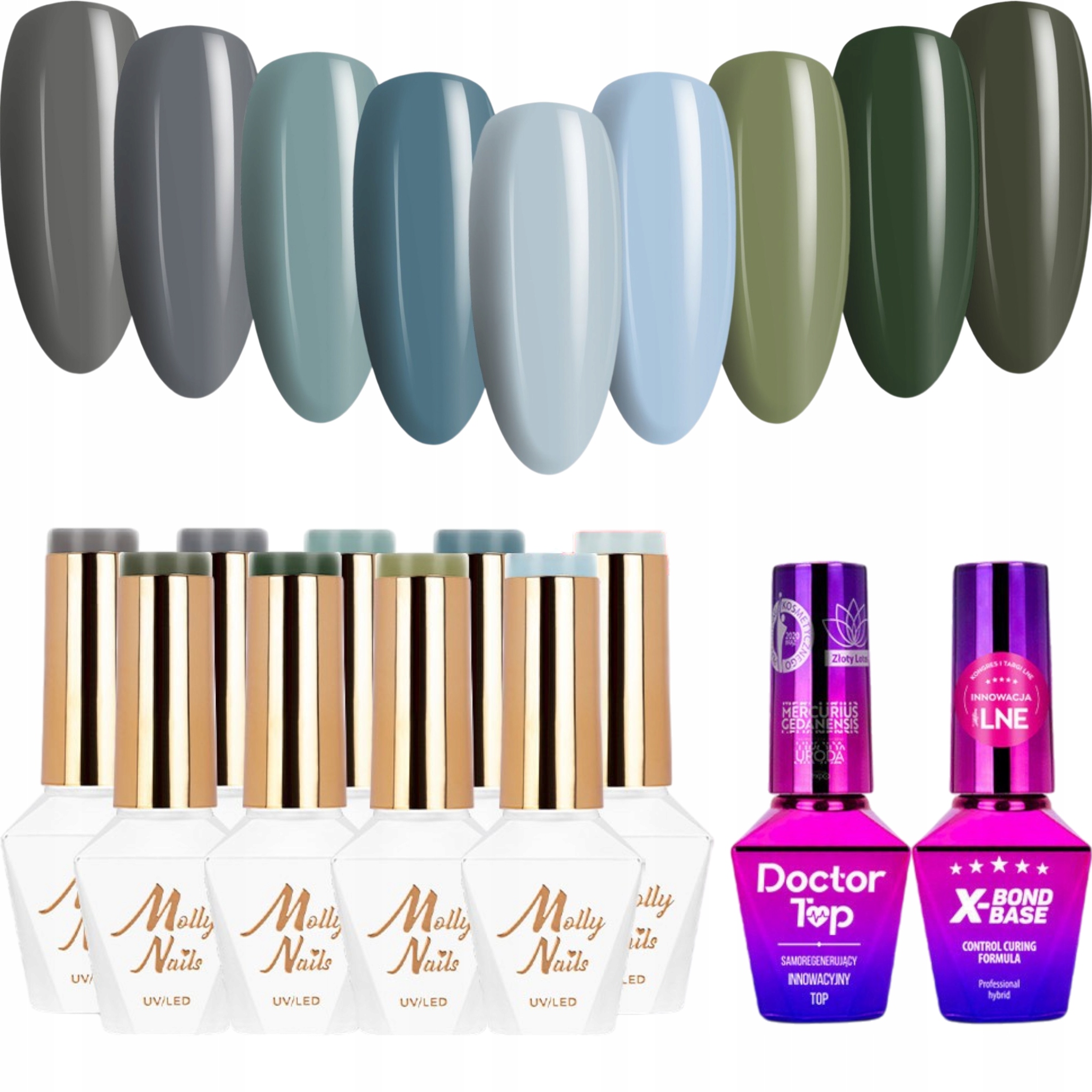 9x Hybridní lak Mollynails 8 g Pure Nature Báze Top Set