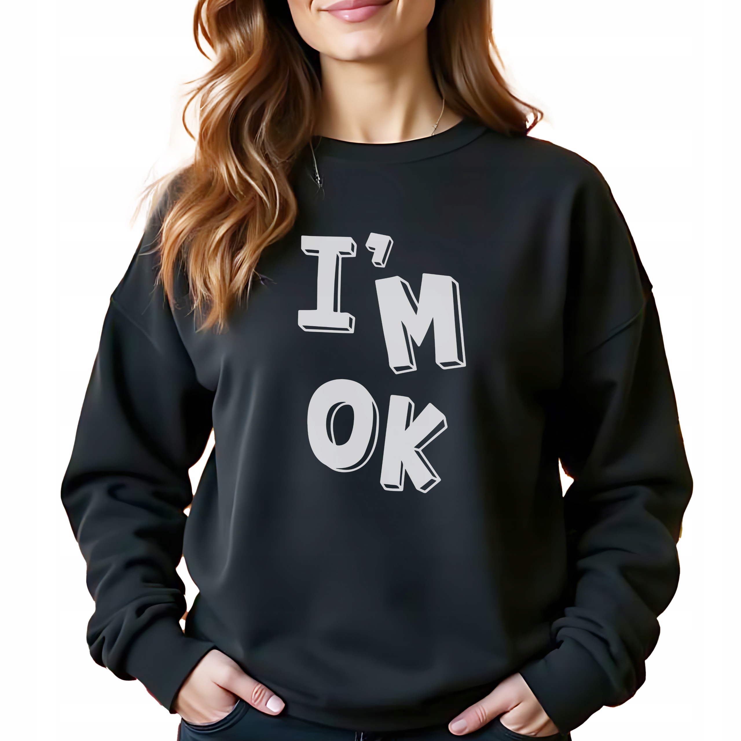 Černá bavlněná Mikina I'M Ok, stylová Bez Kapuce jako Dárek Velikost S