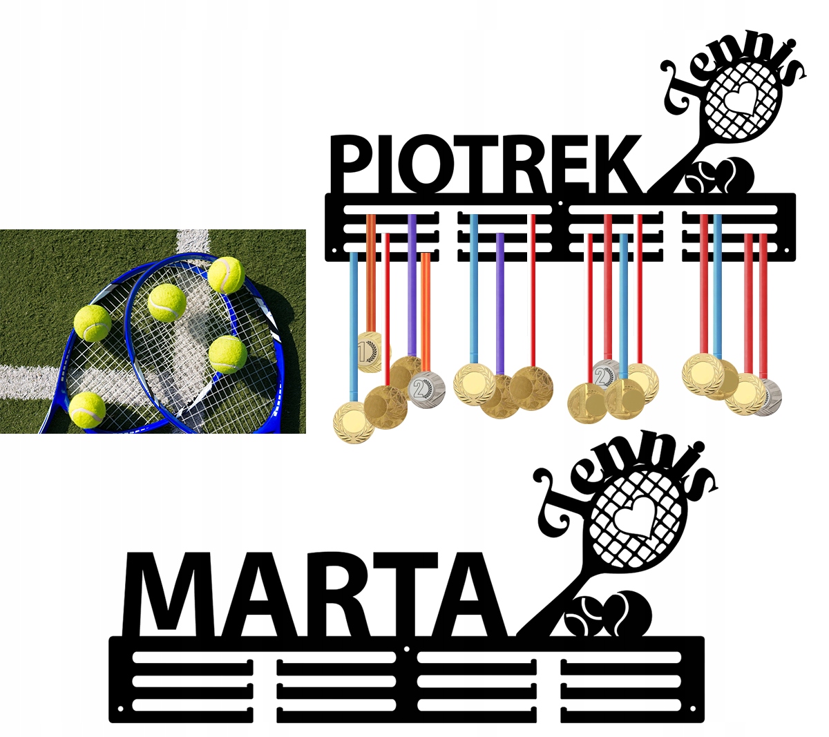 Věšák držák na medaile háček Jméno nápis logo Černý Tenis Zemní