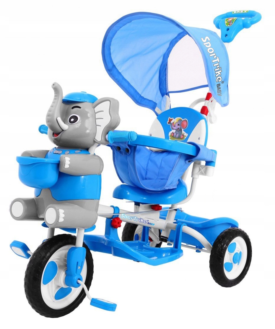 Spacerowy Niebieski Trójkołowy Rowerek Dla Dzieci Słonik Dźwięki Daszek