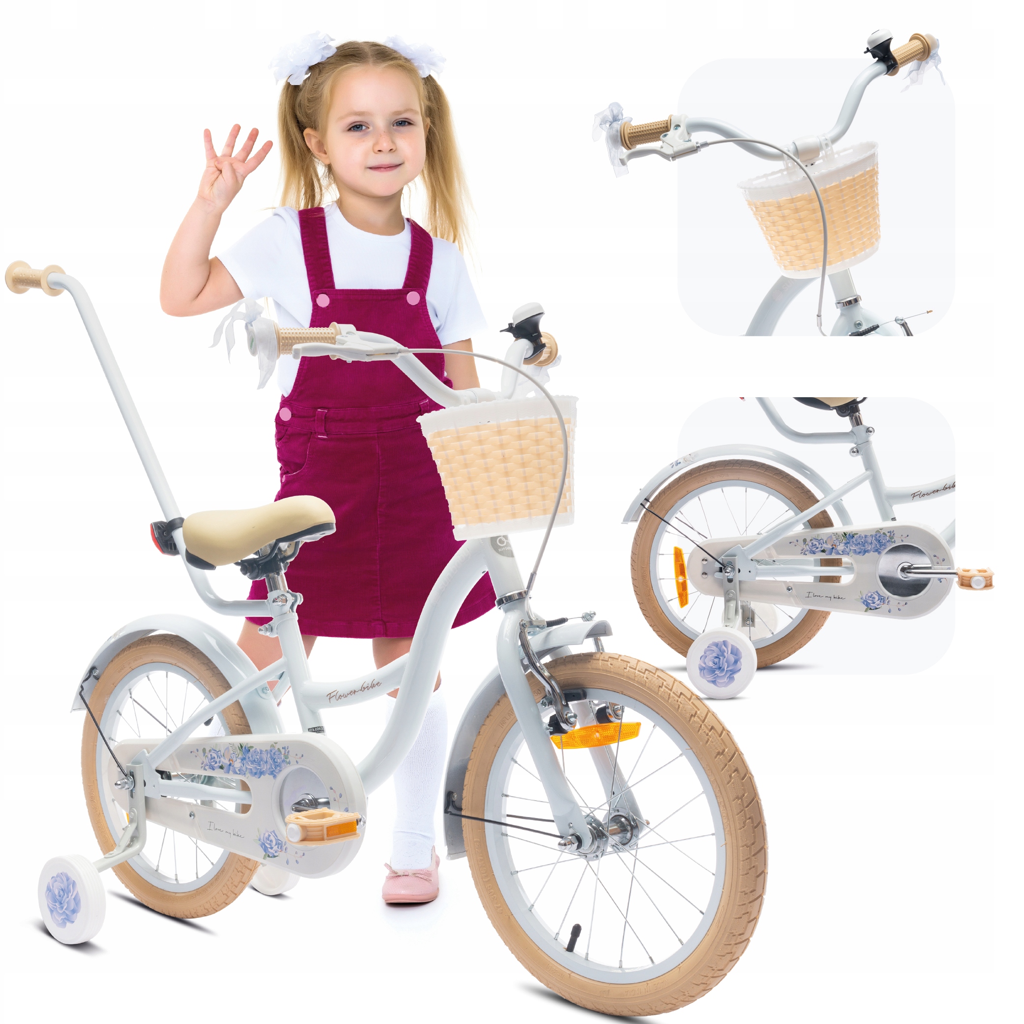 Rower 16 cali dziecięcy dla dziewczynki Pchacz Koszyk Kółka boczne 4-6 lat